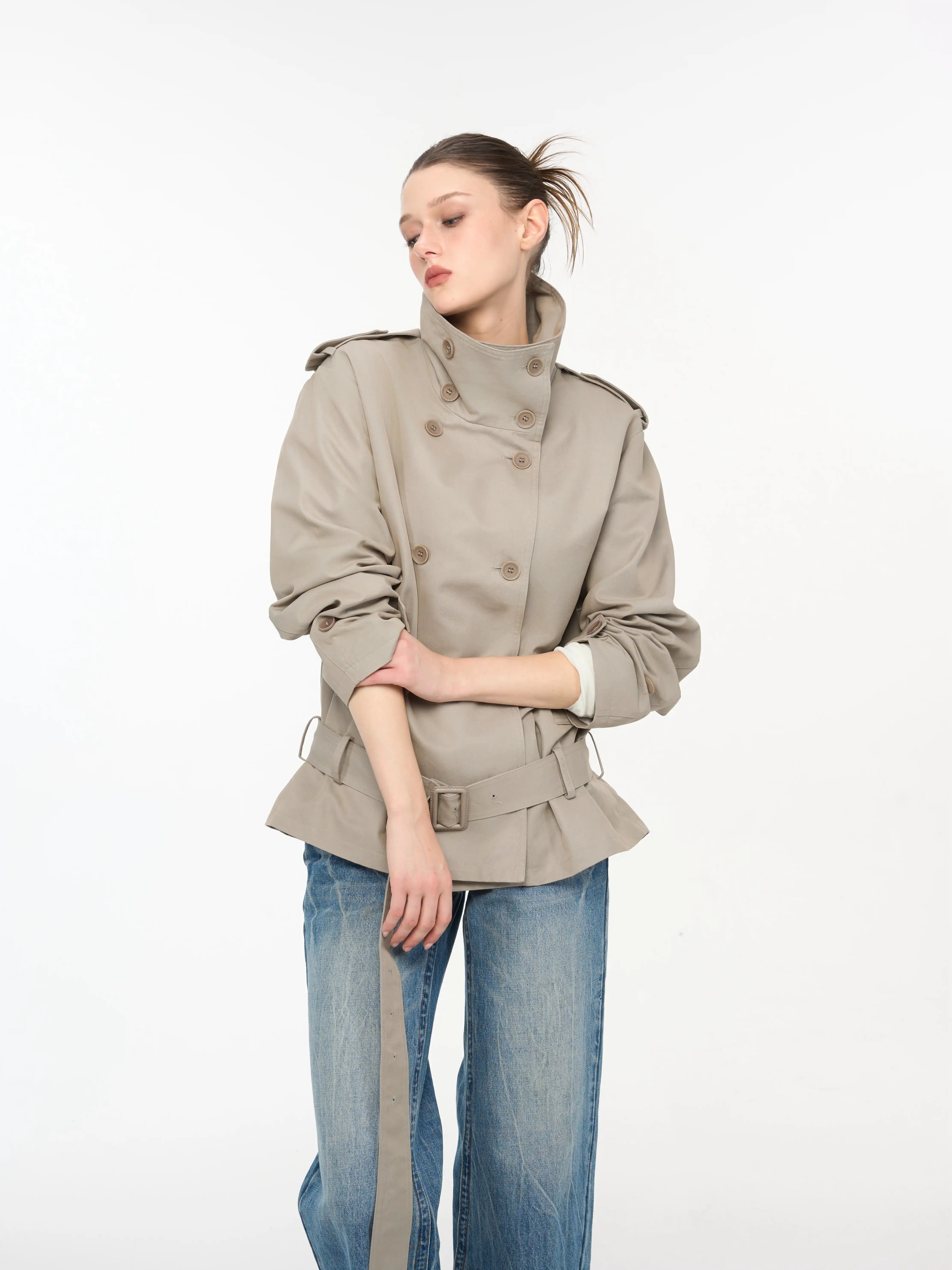 Women's Short Trench Coat, Oversized Double-Breasted Jacket with Mandarin Collar in Cool Colors